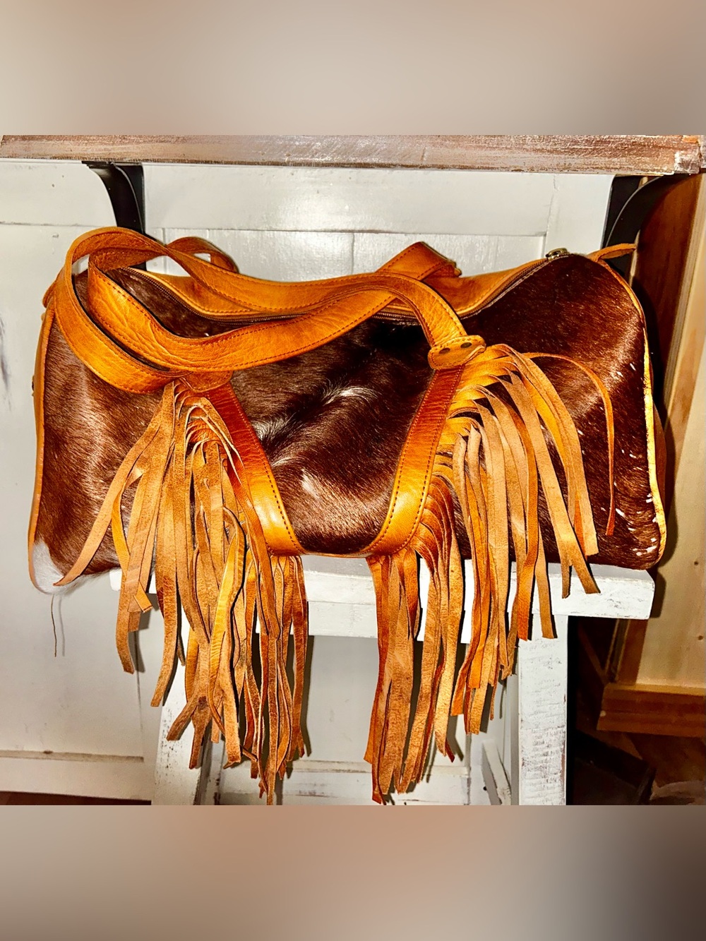Brown Cowhide & Leather & Haircalf Fringe Travel Tote.